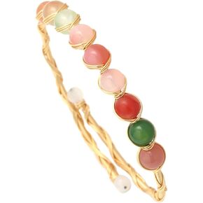 Fashion 14K Gold Plated Wire Wrap Colorful Agate Stone Open Arm Band Cuff Bracelet