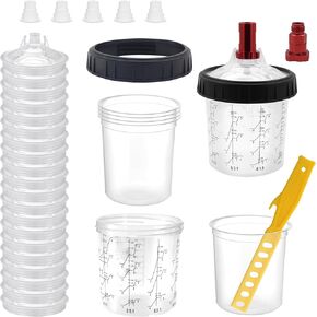 Disposable Paint Spray Gun Cup for Paint Gun，20 Ounce (600ml) Kit - 20 Pack Paint Cups with Lids, Hard Cup with Retainer Ring, 5 PCS Plugs, 2 Cup Adapter