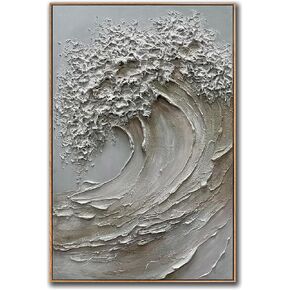 V-inspire 3D Textured Wave Canvas Wall Art, 24 x 36 inches, Hand-Painted Oil Painting with Wood Frame, Modern Abstract Ocean Decor