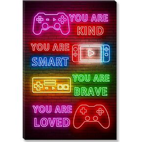 Gamer Room Decor for Boys,Gaming Room Wall Decor Canvas Poster for Boys Room,Funny Neon Game Phrases Wall Art for Living Room Bedroom Bathroom Office Home Decoration