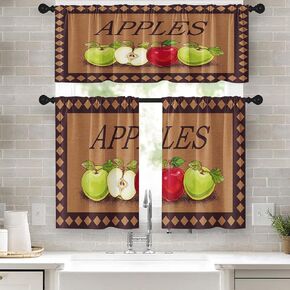 Apples Kitchen Window Curtains Valance and Tier Set 36 Inch Farmhouse Fruits Rod Pocket Short Tier Curtain, Vintage Small Drapes for Kitchen Decor