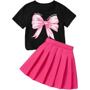 WDIRARA Girl's 2 Piece Bow Graphic Skirt Sets Short Sleeve T Shirt and Mini Pleated Skirt Outfits
