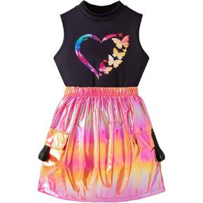 Girls 2 Piece Outfit Sleeveless Graphic Tank Top and Dazzling Shiny Skirt Set