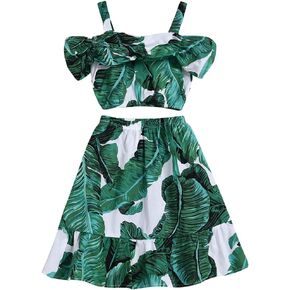 Kids Girl Strap Banana Leaf Print Strappy Condt Counter Conder Top + Maxi Tutu Tutu Beach Chairts مجموعة ملابس (أوراق الموز ، 8-9 سنوات)