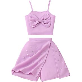 WDIRARA Girl's 2 Piece Set Bow Pearls Cami and Wrap Elastic Waist Skorts Outfits