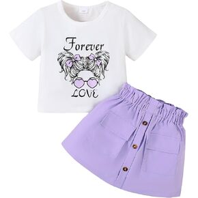 Toddler Girl Clothes 2-8T Girls Skirt,White Short Sleeve Letter Print Top + Summer Short Skirt 2PCS Girls Outfits Set