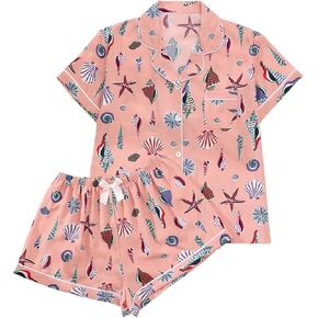 Makemechic Women's 2 قطعة Pajama Set Graphic Short Sleeve زر أسفل القميص والسرات السراويل مرتدي ملابس النوم