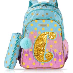 Kids Backpack with Pencil Case, Glitter Galaxy Elementary School Girls School Bag Large 16 Inch Bookbag with Letter E Sparkling Sequin Tower Design