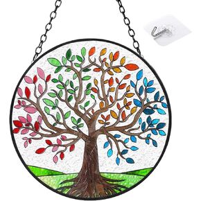 Artificial Trees of Life Suncatchers for Home Decorative Hanging Ornaments with Stick Hook for Window Hanging Hand-Painted Fake Plants Tree&Cat Memorial Gifts for Women 6.3'' * 6.3''