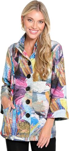 Ali Miles Women's Woven Quilted Button Front Jacket Wire Collar Cuff Sleeves in Saudi Arabia