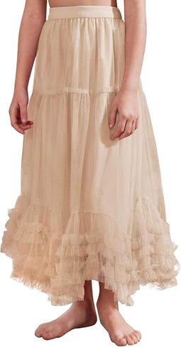 Flygo Girls Tulle Skirt A-Line Long Ruffle Tiered Mesh Tutu Skirt Maxi High Elastic Waist Pleated Layered Skirts in Saudi Arabia