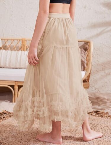 Flygo Girls Tulle Skirt A-Line Long Ruffle Tiered Mesh Tutu Skirt Maxi High Elastic Waist Pleated Layered Skirts in Saudi Arabia