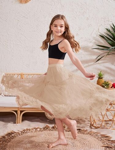 Flygo Girls Tulle Skirt A-Line Long Ruffle Tiered Mesh Tutu Skirt Maxi High Elastic Waist Pleated Layered Skirts in Saudi Arabia
