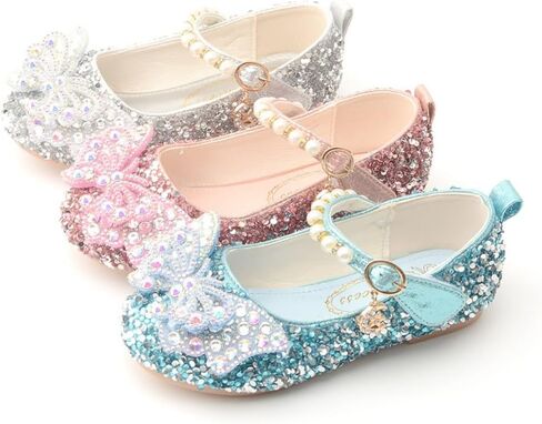 Girls Sparkle Princess Dress Shoes Bow Wedding Party Flower Bridesmaids Mary Jane Ballet Flats for Kid Toddler in Saudi Arabia