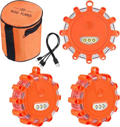 Vancle USB C Rechargeable LED Road Flares Emergency Lights Roadside Warning Car Traffic Safety Beacon Flashing Disc Flare Kit Strobe with Magnetic Base for Construction Vehicles Truck Boat, 3 Pack in Saudi Arabia
