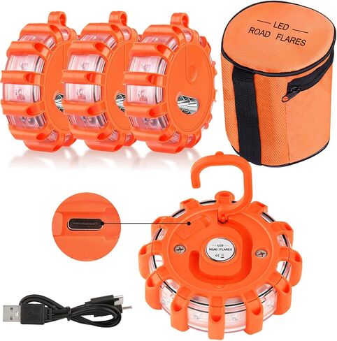 Vancle USB C Rechargeable LED Road Flares Emergency Lights Roadside Warning Car Traffic Safety Beacon Flashing Disc Flare Kit Strobe with Magnetic Base for Construction Vehicles Truck Boat, 3 Pack in Saudi Arabia