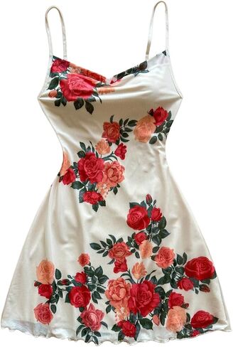 فستان MakeMeChic نسائي قصير بطبعات زهور وحزام سباغيتي واسع صيفي قصير in Kuwait