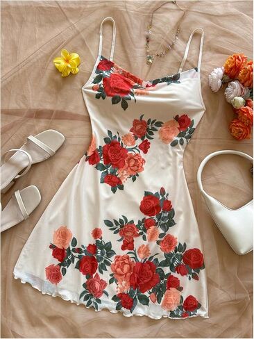 فستان MakeMeChic نسائي قصير بطبعات زهور وحزام سباغيتي واسع صيفي قصير in Kuwait