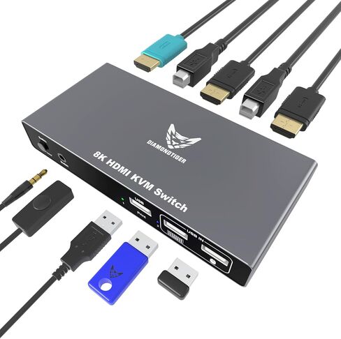 KVM Switch VGA 2 Port, DiamondTiger VGA KVM Switch for 2 Computers Share 1 Monitor & 3 USB 2.0 Keyboard Mouse Scanner Printer,U Disk, Driver-Free for All OS,2 KVM Cables 1 Desktop Controller Included in Saudi Arabia