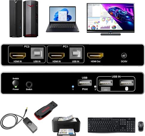 KVM Switch VGA 2 Port, DiamondTiger VGA KVM Switch for 2 Computers Share 1 Monitor & 3 USB 2.0 Keyboard Mouse Scanner Printer,U Disk, Driver-Free for All OS,2 KVM Cables 1 Desktop Controller Included in Saudi Arabia