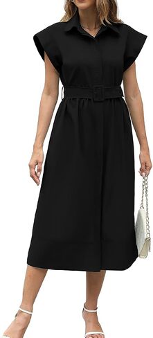 Haellun Women's Elegant Dress Classy Turn Down Collar Shirt Dress with Belt Short Wing Sleeve Trench Coat in Kuwait