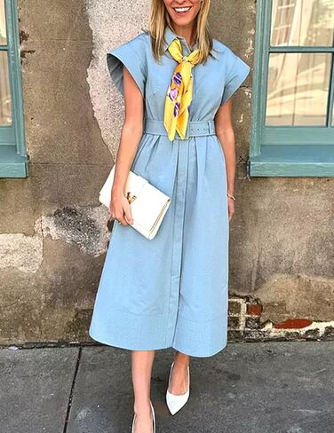 Haellun Women's Elegant Dress Classy Turn Down Collar Shirt Dress with Belt Short Wing Sleeve Trench Coat in Kuwait