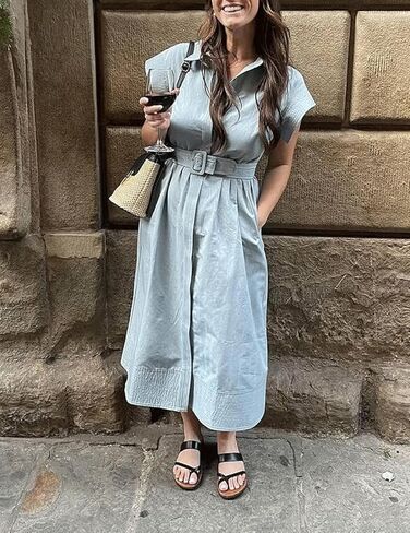 Haellun Women's Elegant Dress Classy Turn Down Collar Shirt Dress with Belt Short Wing Sleeve Trench Coat in Kuwait