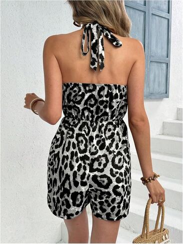 SweatyRocks Women's Summer Romper Leopard Print Sleeveless Halter Shorts Jumpsuit in Saudi Arabia