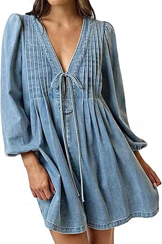 loveimgs Women Denim Jean Romper Overall Shorts Tie Front Pleated Romper Dress Deep V Neck Puff Sleeve Jumpsuit in Saudi Arabia