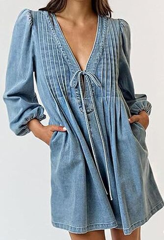 loveimgs Women Denim Jean Romper Overall Shorts Tie Front Pleated Romper Dress Deep V Neck Puff Sleeve Jumpsuit in Saudi Arabia