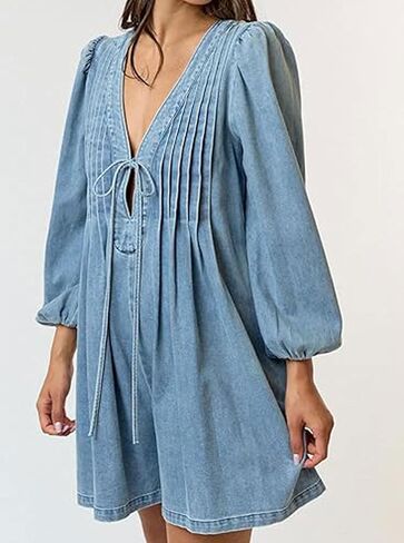 loveimgs Women Denim Jean Romper Overall Shorts Tie Front Pleated Romper Dress Deep V Neck Puff Sleeve Jumpsuit in Saudi Arabia