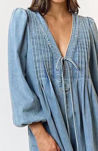 loveimgs Women Denim Jean Romper Overall Shorts Tie Front Pleated Romper Dress Deep V Neck Puff Sleeve Jumpsuit in Saudi Arabia