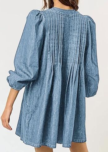 loveimgs Women Denim Jean Romper Overall Shorts Tie Front Pleated Romper Dress Deep V Neck Puff Sleeve Jumpsuit in Saudi Arabia
