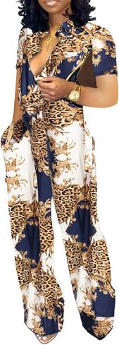 Xinlees Women‘s Elegant Jumpsuits Casual Short Sleeve Fashion Print Long Pants Rompers Straight Club Outfits in Kuwait