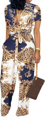 Xinlees Women‘s Elegant Jumpsuits Casual Short Sleeve Fashion Print Long Pants Rompers Straight Club Outfits in Kuwait