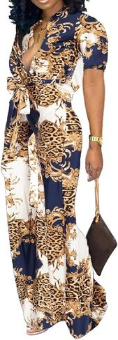 Xinlees Women‘s Elegant Jumpsuits Casual Short Sleeve Fashion Print Long Pants Rompers Straight Club Outfits in Kuwait