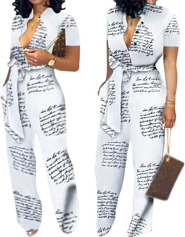 Xinlees Women‘s Elegant Jumpsuits Casual Short Sleeve Fashion Print Long Pants Rompers Straight Club Outfits in Kuwait