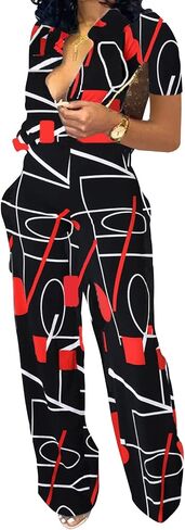 Xinlees Women‘s Elegant Jumpsuits Casual Short Sleeve Fashion Print Long Pants Rompers Straight Club Outfits in Kuwait
