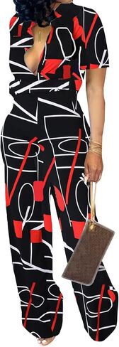 Xinlees Women‘s Elegant Jumpsuits Casual Short Sleeve Fashion Print Long Pants Rompers Straight Club Outfits in Kuwait
