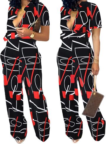Xinlees Women‘s Elegant Jumpsuits Casual Short Sleeve Fashion Print Long Pants Rompers Straight Club Outfits in Kuwait