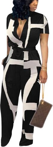 Xinlees Women‘s Elegant Jumpsuits Casual Short Sleeve Fashion Print Long Pants Rompers Straight Club Outfits in Kuwait