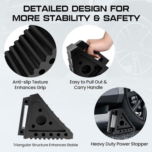 Taifa 4PCS Heavy Duty Rubber Wheel Chocks for Travel Trailers, RV Wheel Stoppers Tire Chock with Portable Handle for Camper Cars Trucks etc., Black in Saudi Arabia
