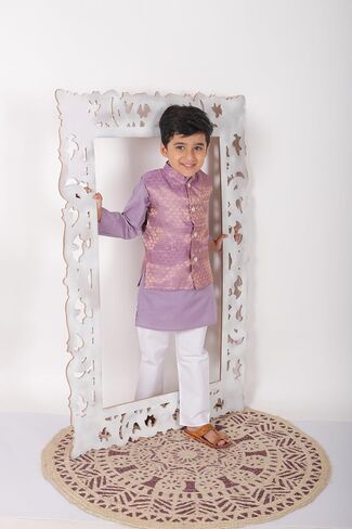 Boy's Cottton Kurta With Golden Thread Work Nehru Jacket and Elastic Closure Pyjama Set in Saudi Arabia