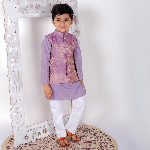 Boy's Cottton Kurta With Golden Thread Work Nehru Jacket and Elastic Closure Pyjama Set in Saudi Arabia