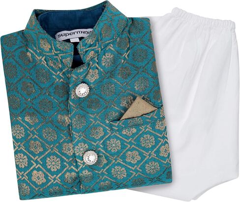 Boy's Cottton Kurta With Golden Thread Work Nehru Jacket and Elastic Closure Pyjama Set in Saudi Arabia