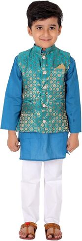Boy's Cottton Kurta With Golden Thread Work Nehru Jacket and Elastic Closure Pyjama Set in Saudi Arabia