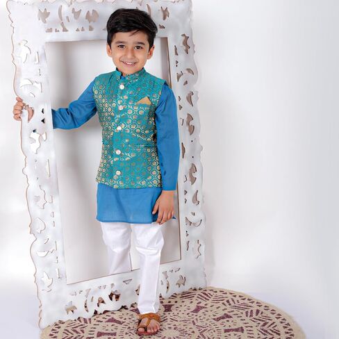 Boy's Cottton Kurta With Golden Thread Work Nehru Jacket and Elastic Closure Pyjama Set in Saudi Arabia
