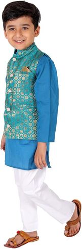 Boy's Cottton Kurta With Golden Thread Work Nehru Jacket and Elastic Closure Pyjama Set in Saudi Arabia