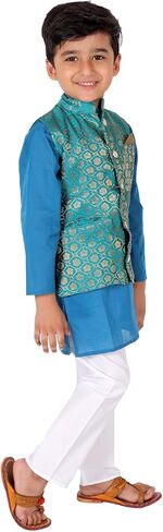 Boy's Cottton Kurta With Golden Thread Work Nehru Jacket and Elastic Closure Pyjama Set in Saudi Arabia
