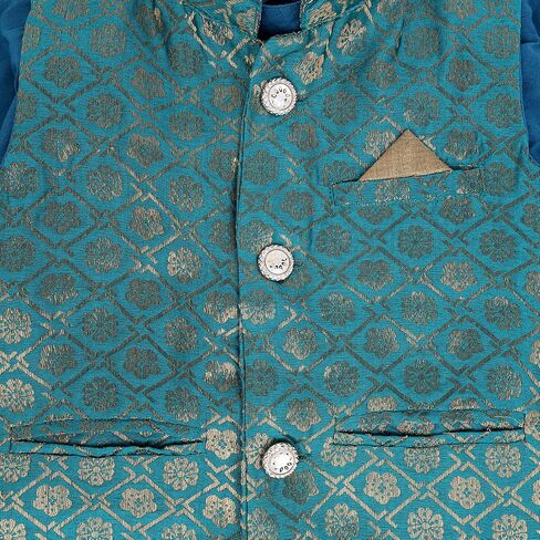 Boy's Cottton Kurta With Golden Thread Work Nehru Jacket and Elastic Closure Pyjama Set in Saudi Arabia